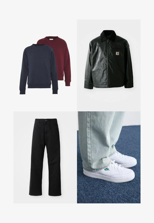 Svart zip-up jacka gjord av slätt, glänsande material. Har en manchesterkrage, två framfickor och en liten logotyp på bröstet.; Två crew neck sweatshirts, en marinblå och en burgunder, med ribbad fåll och ärmslut, i en enhetlig färg och mjuk textur.; Svarta denimbyxor med rak passform, försedda med framfickor, dragkedja och en enda knapp i midjan. Strukturerad tyg med matt yta.; Vita lädersneakers med grön Nike-logga, rund tå, platt sula, kombinerade med ljusblå denimbyxor, visade på en blå matta.