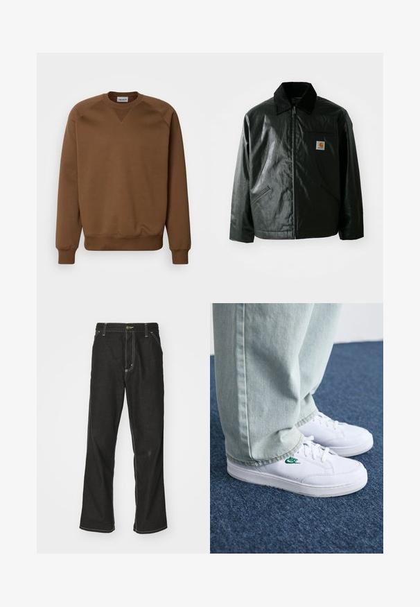 Czarna kurtka zapinana na zamek, wykonana z gładkiego, błyszczącego materiału. Posiada kołnierz z kordurowej tkaniny, dwie przednie kieszenie oraz małą naszywkę z logo na klatce piersiowej.; Carhartt WIP - Bluza; Czarne dżinsy o luźnym kroju, z kontrastującymi białymi szwami, z zapięciem na guzik i prostą nogawką.; Białe skórzane sneakersy z zielonym logo Nike, okrągły czubek, płaska podeszwa, zestawione z jasnoniebieskimi dżinsami, pokazane na niebieskim dywanie.