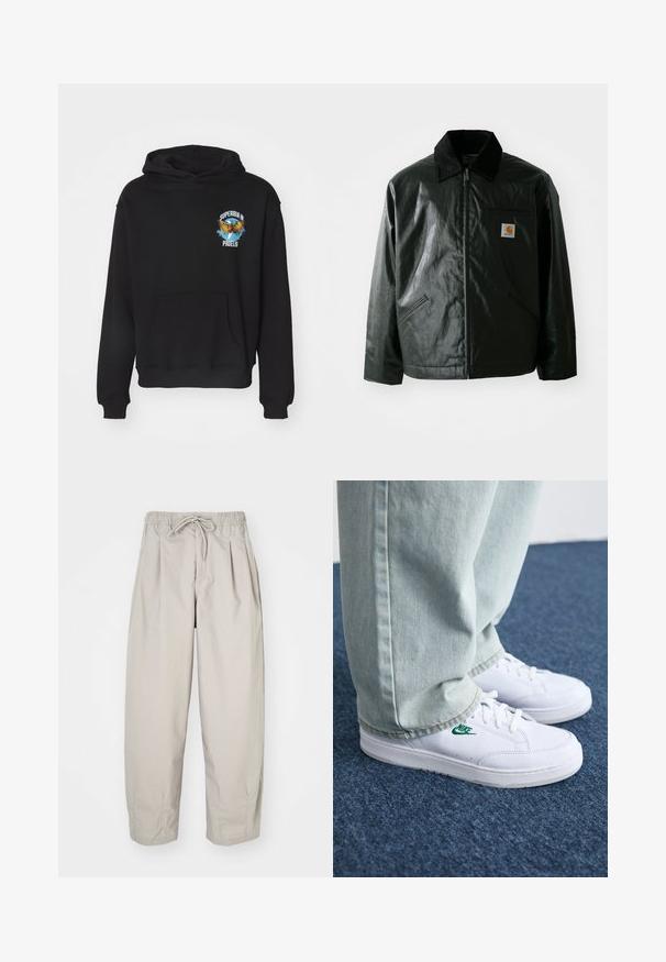 Juodas užtrauktuku užsegamas švarkas, pagamintas iš glotnaus, blizgaus medžiagos. Savybė - keteros apykaklė, dvi priekinės kišenės ir mažas logotipo ženklelis ant krūtinės.; Juodas gobtuvėlis, pagamintas iš medvilnės pluošto mišinio. Yra priekinė kišenė ir dekoratyvinė erelio grafika su tekstu ant krūtinės.; Šviesiai rudi, lengvi kelnių su elastine juosta ir raišteliu. Turintys klostes ir laisvą siluetą, pagaminti iš minkštos, glotnios medžiagos.; Balti odiniai sportbačiai su žaliu Nike logotipu, apvalia nosimi, plokščiu padu, derinami su šviesiai mėlynomis džinsinėmis kelnėmis, rodomi ant mėlynos kiliminės dangos.