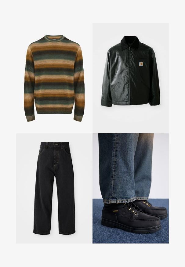 Zwarte ritssluiting jas van glad, glanzend materiaal. Heeft een corduroy kraag, twee voorzakken en een klein logo label op de borst.; Gestreepte trui in tinten groen, bruin en beige. Heeft een ribbelstructuur, ronde hals en lange mouwen met een aansluitende zoom.; Zwarte wijde denim jeans met hoge taille, voorste knoop, rits en gele stiksels op de zakken en naden.; Zwarte leren schoenen met gouden oogjes en een gestructureerde afwerking, gecombineerd met blauwe spijkerbroeken. De schoenen hebben een gelaagde zool en een merkteken.