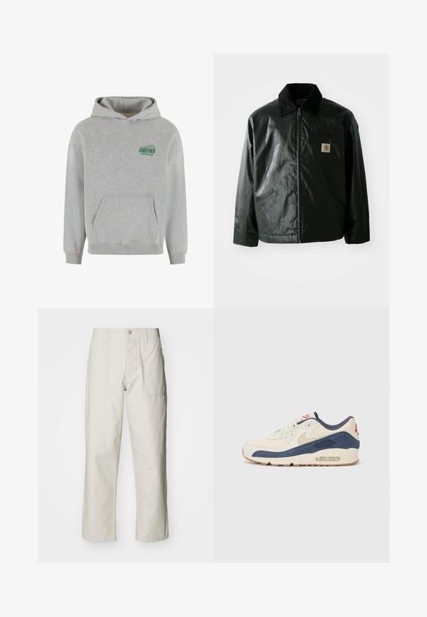 Černá zipová bunda vyrobená z hladkého, lesklého materiálu. Má jemný manžetový límec, dvě přední kapsy a malou značkovou nášivku na hrudi.; Šedá bavlněná mikina s klokaní kapsou vpředu, žebrovanými manžetami a lemem, a zeleným logem "ANOTHER COTTON LAB" na levé hrudi.; Světle béžové kalhoty s širokými nohavicemi vyrobené z bavlny. Obsahují přední kapsy a zapínání na knoflík. Hladký povrch s jemnými vertikálními pruhy.; Tenisky s krémovým koženým svrškem a námořnickým semišem, s viditelnou vzduchovou podrážkou, béžovou gumovou podešví a červeným akcentem na patě.