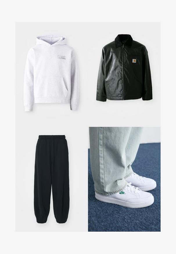 Fekete zipzáros dzseki sima, fényes anyagból. Kordbársony gallérral, két elülső zsebbel és egy kis logós felvarrással a mellkason.; Szürke kapucnis felső, puha anyagból készült, elöl kenguru zsebbel, bordás mandzsettákkal, állítható kapucnival és mellkason elhelyezett logóval.; Fekete, rugalmas derékpántos melegítőnadrág, laza fit, véget érő szárakkal, sima textúrával, látható minták vagy hardver díszek nélkül.; Fehér bőr sportcipők zöld Nike logóval, kerek orral, lapos talppal, világoskék farmernadrággal párosítva, kék szőnyegen bemutatva.