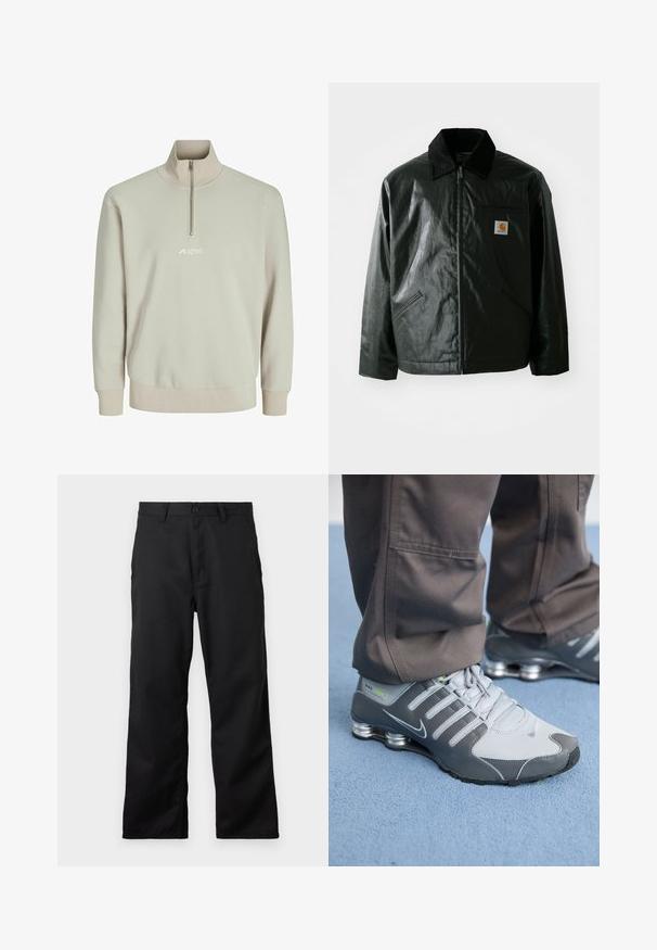 Black zip-up jacket made of smooth, shiny material. Features a corduroy collar, two front pockets, and a small logo patch on the chest.; Light beige half-zip sweatshirt made of soft fabric, featuring ribbed cuffs and an embroidered logo at the chest. Smooth texture.; Black trousers made of sturdy fabric, featuring a zip and button closure, and a straight leg cut with side pockets. Simple design, no patterns.; Gray and silver Nike Shox sneakers feature a sleek design, with mesh and synthetic materials, a rounded toe, and a padded collar.