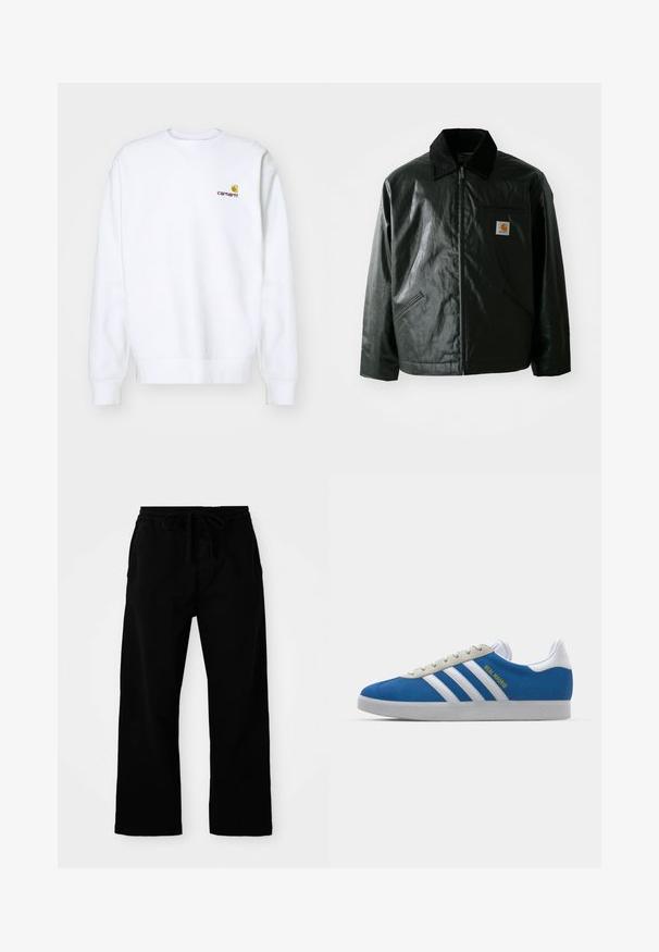 Juodas užtrauktuku užsegamas švarkas, pagamintas iš glotnaus, blizgaus medžiagos. Savybė - keteros apykaklė, dvi priekinės kišenės ir mažas logotipo ženklelis ant krūtinės.; Carhartt WIP AMERICAN SCRIPT - Sportinis megztinis - white; Juodos elastinės kelnės su reguliuojama raišteliu, plačiomis kojomis ir švelnia medvilnės tekstūra. Nėra matomų raštų ar metalo detalių.; adidas Originals ADIDAS GAZELLE SHOES - Salės futbolo bateliai - real madrid/bluebird/footwear white/crew yellow
