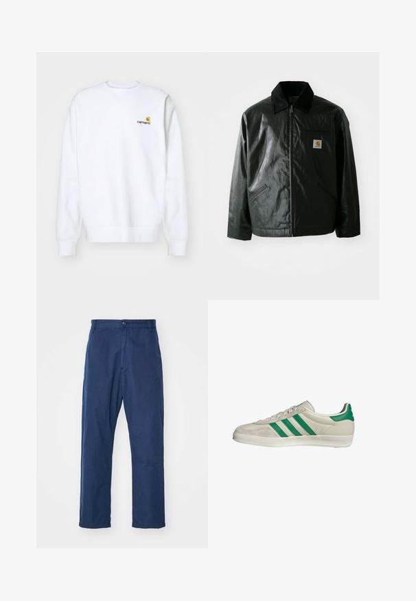 Veste noire zippée en matériau lisse et brillant. Elle dispose d'un col en velours côtelé, de deux poches avant et d'un petit écusson logo sur la poitrine.; Carhartt WIP AMERICAN SCRIPT - Sweatshirt - white; Pantalon droit bleu marine en coton. Doté d'une fermeture à bouton sur le devant et d'une texture subtile, avec des poches latérales et des passants de ceinture.; Baskets beiges avec des rayures vertes, dotées d'une semelle blanche et d'un dessus en cuir lisse. Vue de côté mettant en valeur les détails des lacets et le logo.