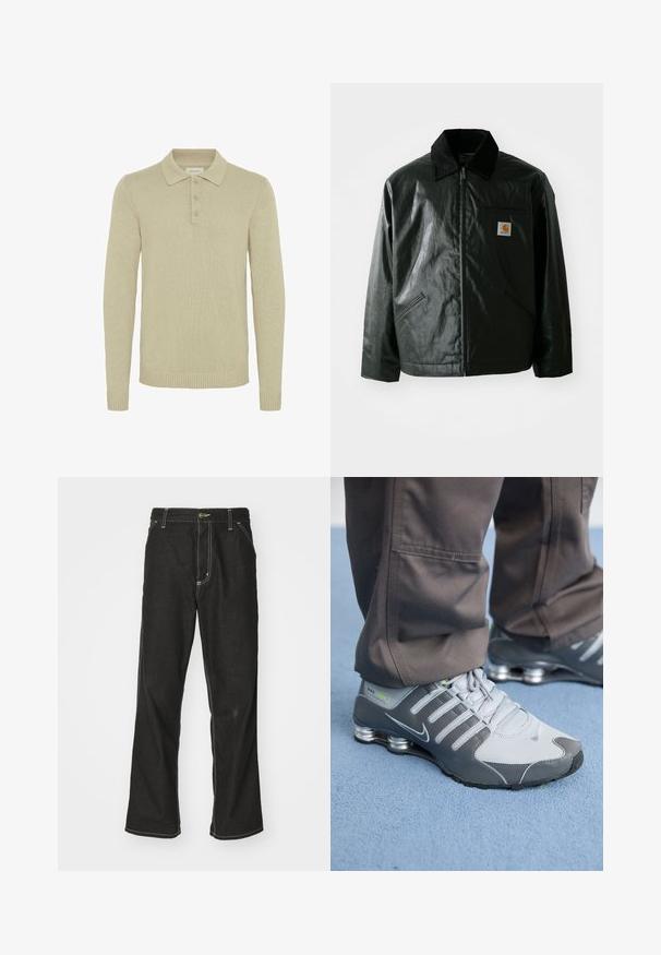 Must mustaga, läikiva materjaliga musta värvi jakk. Omab kordonilõikega kraed, kahte esikäe taskut ja väikest logo sildi rinnal.; Beež pikka varrukaga polo sviiter, mis on valmistatud ribakudumisest, millel on kolme nupuga klapp ja ribatud mansetid ning ääred. Klassikalise krae disain.; Mustadest denimist püksid, lahtise lõikega, kontrastsete valgete õmblustega, nööbiga kinnitamine ja sirge säär.; Hallid ja hõbe Nike Shox tennisetossud on varustatud elegantse disainiga, neil on võrkkangas ja sünteetilised materjalid, ümar varvas ja pehmendatud kaelus.