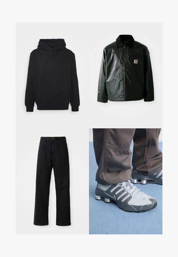 Schwarze Zip-Jacke aus glattem, glänzendem Material. Verfügt über einen Cordkragen, zwei Fronttaschen und ein kleines Logo-Patch auf der Brust.; Schwarzer Kapuzenpullover aus weichem Material, mit Kängurutasche, Kordelzug-Haube und gerippten Bündchen. Schlichtes Design ohne Muster.; Schwarze Jeans mit geradem Schnitt, ausgestattet mit Fronttaschen, einem Reißverschluss und einem einzelnen oberen Knopf. Texturiert mit matter Oberfläche.; Graue und silberne Nike Shox Sneakers zeichnen sich durch ein schlankes Design aus, mit Netz- und Synthetikmaterialien, einer abgerundeten Zehenpartie und einem gepolsterten Schuhkragen.