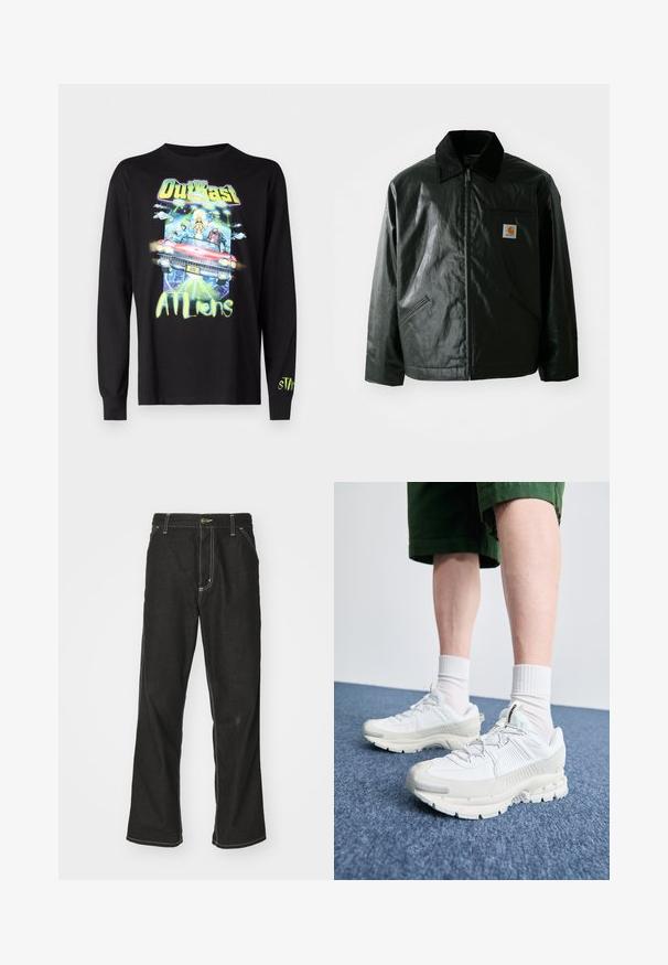 Black zip-up jacket made of smooth, shiny material. Features a corduroy collar, two front pockets, and a small logo patch on the chest.; Black long-sleeve t-shirt featuring colorful graphic print of a car, aliens, and the text "OutKast ATLliens" in vibrant shades. Soft material.; Black denim jeans with a loose fit, featuring contrasting white stitching, a button closure, and a straight leg design.; White athletic shoes with textured overlays, a chunky sole, and gray accents. Worn with white crew socks and green shorts on a blue surface.