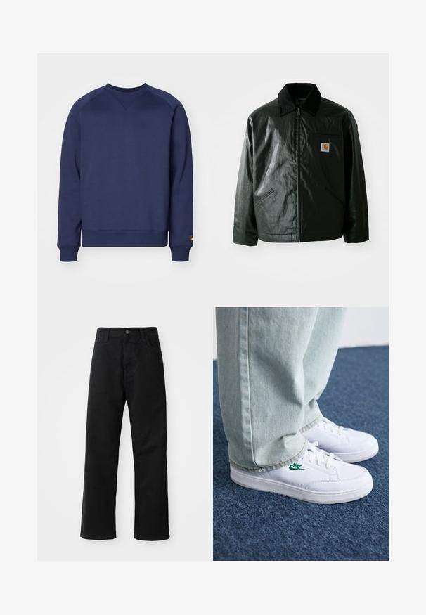 Chaqueta negra con cremallera hecha de un material liso y brillante. Presenta un cuello de pana, dos bolsillos frontales y un pequeño parche con el logo en el pecho.; Sudadera azul marino hecha de una tela suave, con cuello redondo, puños y dobladillo acanalados, y un pequeño detalle de logo en la manga.; Pantalones de mezclilla negros con corte recto, con bolsillos frontales, cremallera y un solo botón en la parte superior. Tejido texturizado con un acabado mate.; Zapatillas de cuero blanco con logo de Nike verde, puntera redonda, suela plana, combinadas con pantalones de mezclilla azul claro, sobre una alfombra azul.
