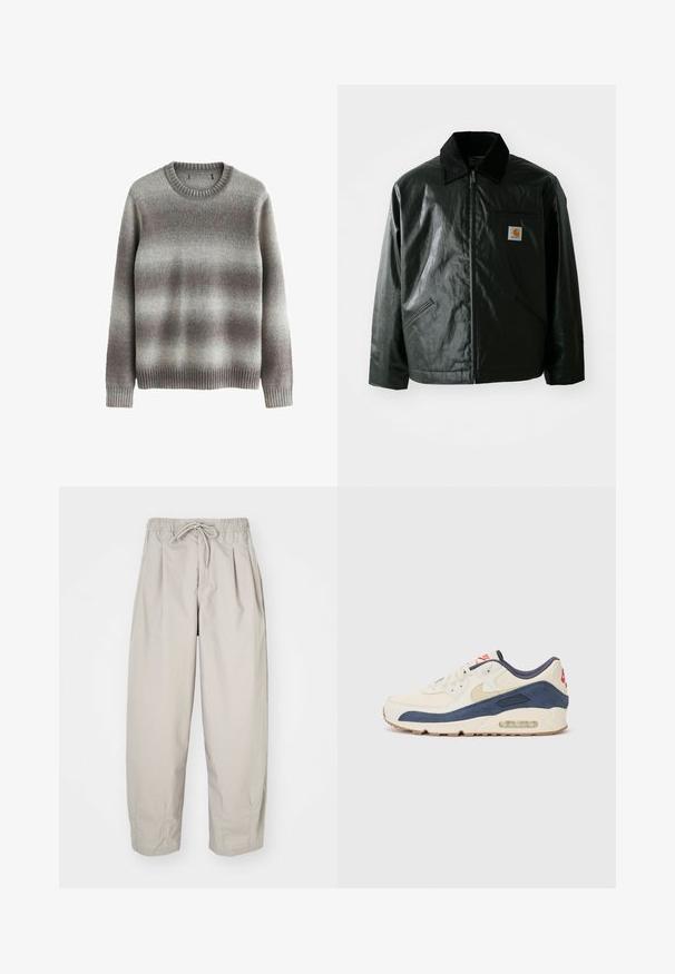 Mustat vetoketjulliset takit, jotka on valmistettu sileästä, kiiltävästä materiaalista. Sisältää kangastakin kauluksen, kaksi etutaskua ja pienen logopatchin rinnassa.; Harmaa neule, joka on valmistettu pehmeästä materiaalista. Siinä on klassinen pyöreä kaula-aukko, ribbaatut hihansuut ja helma, sekä liukuväri, jossa on vaaleampia ja tummempia sävyjä.; Haal beige, kevyet housut, joissa on joustava vyötärö ja nauhakuulut. Täydentää pleatit ja löysä istuvuus, valmistettu pehmeästä, sileästä kankaasta.; Tennarit, joissa on kermanvärinen nahka ja merimiessininen mokka päällinen, näkyvällä ilmasoolalla, beige kumipohja ja punainen yksityiskohta kantapäässä.