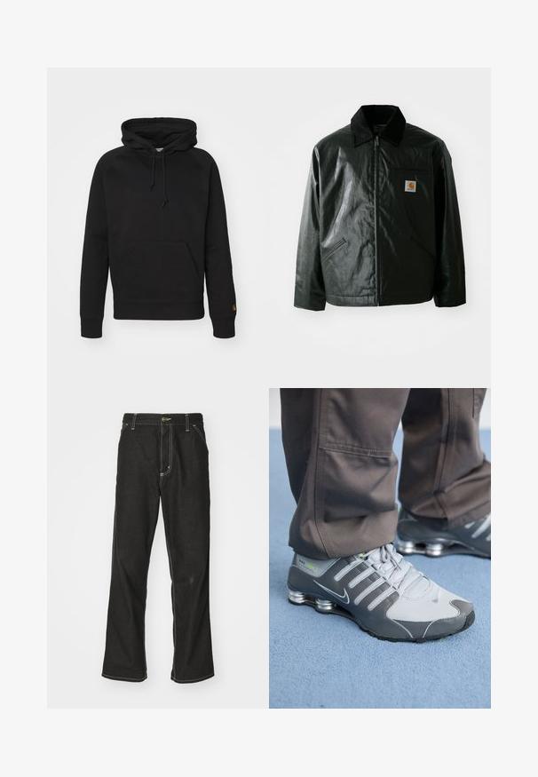 Crna zip-up jakna izrađena od glatkog, sjajnog materijala. Ima okovratnik od kordura, dva prednja džepa i mali logotip na prsima.; Crna dukserica od mekog materijala, s prednjim džepom, podesivom vezicom i rebrastim manžetama. Glatka tekstura s minimalnim detaljima.; Crne traperice s opuštenim krojem, s kontrastnim bijelim šavovima, zakovicom za zatvaranje i ravnim nogavicama.; Sive i srebrne Nike Shox tenisice imaju elegantan dizajn, s mrežastim i sintetičkim materijalima, zaobljenim vrhom i podstavljenim okovratnikom.