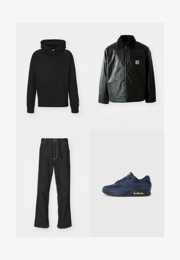 Črna jakna na zadrgo, izdelana iz gladkega, sijočega materiala. Ima žametni ovratnik, dva sprednja žepa in majhno oznako logotipa na prsih.; Črna kapuca iz mehkega blaga, z sprednjim žepom, nastavljivo vrvico in rebrastimi manšetami. Gladka tekstura z minimalnim okrasjem.; Črne jeans hlače ohlapenega kroja, ki imajo kontrastno belo šivanje, zapiranje na gumb in ravno nogavico.; Temno modri Nike Air Max športni copati z zgornjim delom iz usnja in mrežaste tkanine, z rumenimi poudarki, vezanjem spredaj in vidnim zračnim blaženjem v podplatu.