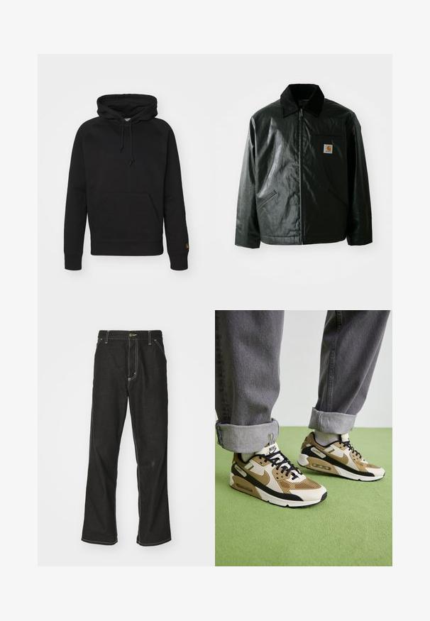 Čierna bundu na zips vyrobenú z hladkého, lesklého materiálu. Obsahuje kordový golier, dve predné vrecká a malú nášivku s logom na hrudi.; Čierna mikina s kapucňou vyrobená z mäkkej tkaniny, featuring prednú vrecko na zips, nastaviteľný šnúrku a rebrované manžety. Hladká textúra s minimálnym detailovaním.; Čierne denimové nohavice s voľným strihom, s kontrastným bielym prešívaním, uzáverom na gombík a rovnými nohavicami.; Nike Air Max 90 tenisky v béžovej a čiernej farbe, vyrobené z oka a kože, s viditeľným tlmením a čiernymi šnúrkami.