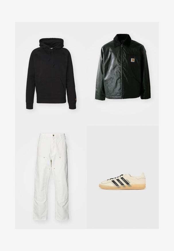 Čierna bundu na zips vyrobenú z hladkého, lesklého materiálu. Obsahuje kordový golier, dve predné vrecká a malú nášivku s logom na hrudi.; Čierna mikina s kapucňou vyrobená z mäkkej tkaniny, featuring prednú vrecko na zips, nastaviteľný šnúrku a rebrované manžety. Hladká textúra s minimálnym detailovaním.; Biele bavlnené cargo nohavice s voľným strihom. Medzi vlastnosti patrí predné vrecká, zlaté detaily a zosilnené kolenné časti.; Svetlo krémové tenisky s čiernym trojprúžkom, textúrovaným vrchom, okrúhlou špičkou a gumovou podrážkou. Obsahujú šnúrky a branding na boku.