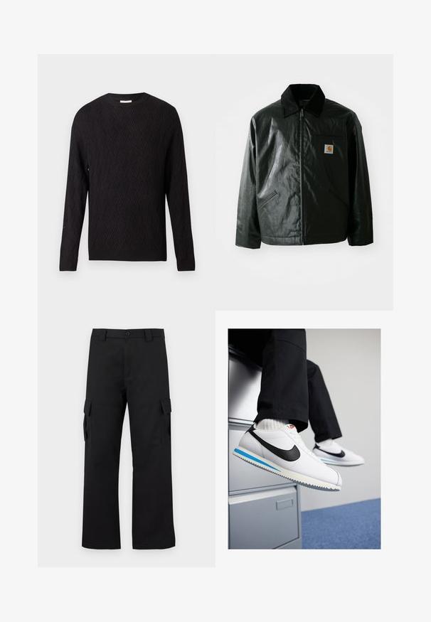 Čierna bundu na zips vyrobenú z hladkého, lesklého materiálu. Obsahuje kordový golier, dve predné vrecká a malú nášivku s logom na hrudi.; Čierny sveter s dlhým rukávom, so vzorom chevron a rebrovanými manžetami a lemovaním, s okrúhlym výstrihom, zobrazený na bielom pozadí.; Čierne cargo nohavice so strihom rovného nohu. Vyrobené z odolnej látky, s dvoma bočnými vreckami so klopami a zapínaním na gombík.; Biele kožené tenisky s čiernym logom Nike, svetlomodrou a šedou gumovou podrážkou a klasickým šnurovacím dizajnom. Nohy položené na fileciante.