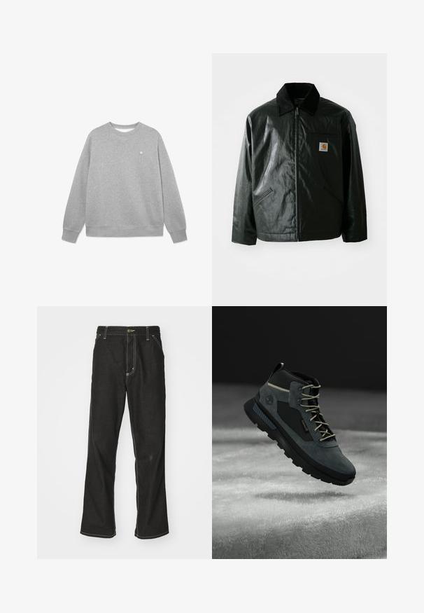 Jachetă neagră cu fermoar, confecționată dintr-un material neted și lucios. Prezintă un guler din catifea, două buzunare frontale și un mic logo brodat pe piept.; Sweatshirt gri, realizat dintr-un amestec moale de bumbac. Prezintă un gât clasic rotund, mâneci lungi, manșete ribbate și un mic logo pe piept.; Jeans negri din denim, cu o croială largă, cu cusături albe contrastante, închidere cu nasture și un design cu picior drept.; Bocanci de drumeție gri închis, confecționați din material suede și sintetice, cu o guler căptușit, șireturi bej și o talpă din cauciuc robustă pentru aderență.
