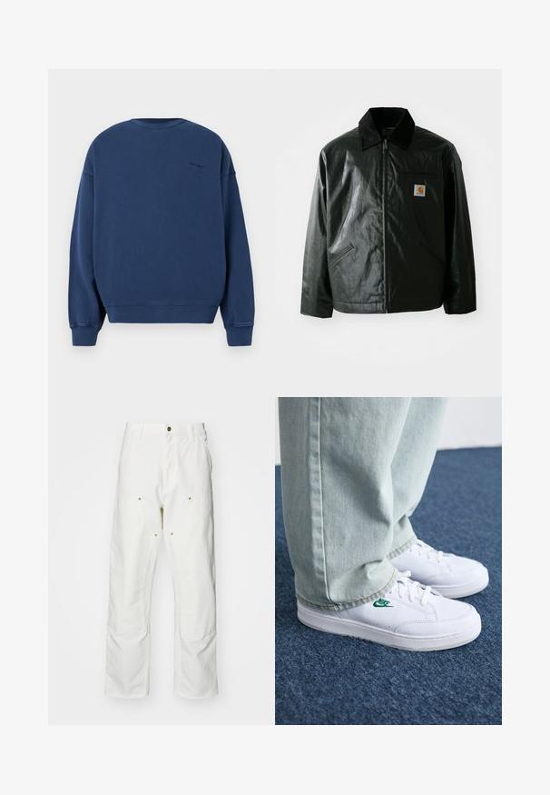 Czarna kurtka zapinana na zamek, wykonana z gładkiego, błyszczącego materiału. Posiada kołnierz z kordurowej tkaniny, dwie przednie kieszenie oraz małą naszywkę z logo na klatce piersiowej.; Granatowy sweatshirt wykonany z miękkiego materiału, z długimi rękawami, okrągłym dekoltem oraz ściągaczami na mankietach i u dołu. Subtelne logo na plecach.; Białe bawełniane spodnie cargo o luźnym kroju. Cechy to przednie kieszenie, złote akcenty oraz wzmocnione części kolan.; Białe skórzane sneakersy z zielonym logo Nike, okrągły czubek, płaska podeszwa, zestawione z jasnoniebieskimi dżinsami, pokazane na niebieskim dywanie.