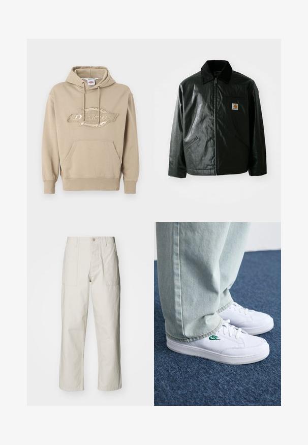 Black zip-up jacket made of smooth, shiny material. Features a corduroy collar, two front pockets, and a small logo patch on the chest.; Beige hoodie with a kangaroo pocket, drawstring hood, and embroidered "Dickies" logo on the front. Soft cotton material, ribbed cuffs.; Light beige wide-leg pants made of cotton. Features front pockets and a button closure. Smooth texture with subtle vertical lines.; White leather sneakers with green Nike logo, round toe, flat sole, paired with light blue denim pants, shown on a blue carpet.