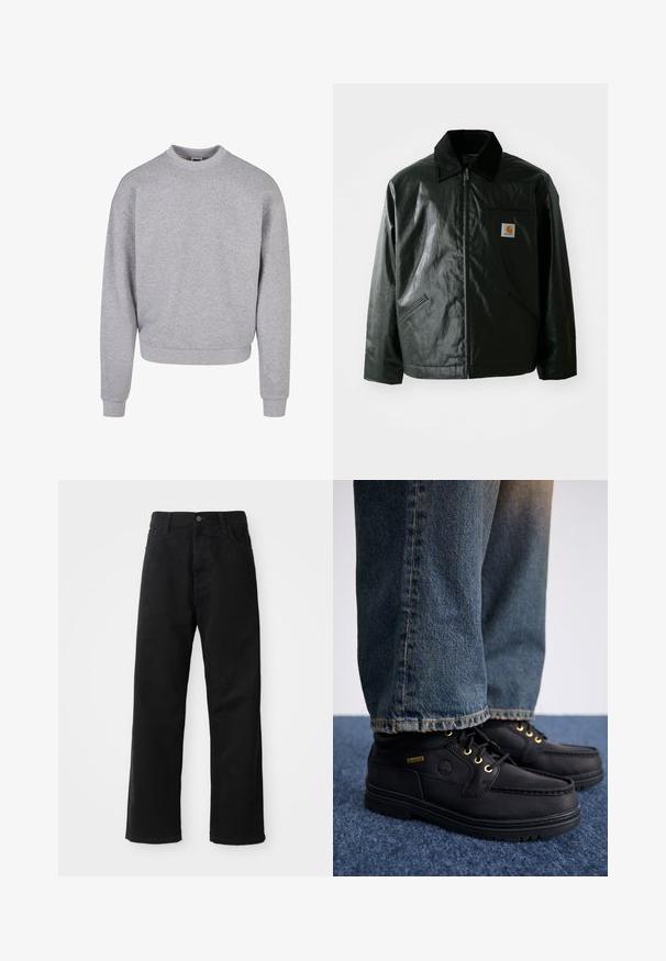 Svart zip-up jakke laget av jevnt, blankt materiale. Har en kordfløyelskrage, to frontlommer og en liten logo-lapp på brystet.; Grå sweatshirt med rund hals, lange ermer og ribbestrikkede mansjetter. Laget av et mykt, teksturert materiale, med en avslappet passform.; Svart denimbukser med rett snitt, med frontlommer, glidelåsgylf og en enkelt knapp i toppen. Teksturert stoff med matt overflate.; Sorte lærko med guldfarvede øjer og en stribet overflade, parret med blå denim jeans. Skoene har en lagdelt sål og et branddetails.