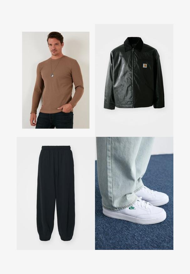 Svart zip-up jacka gjord av slätt, glänsande material. Har en manchesterkrage, två framfickor och en liten logotyp på bröstet.; Brun ribbad långärmad tröja gjord av strukturerad tyg, med rund halsringning och åtsittande kropp, matchad med mörka jeans.; Svarta, elastiska sweatpants med lös passform, mudd vid anklarna, slät textur och utan synliga mönster eller detaljer i metall.; Vita lädersneakers med grön Nike-logga, rund tå, platt sula, kombinerade med ljusblå denimbyxor, visade på en blå matta.