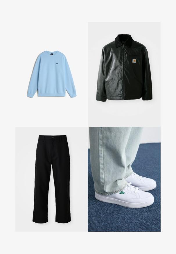 Chaqueta negra con cremallera hecha de un material liso y brillante. Presenta un cuello de pana, dos bolsillos frontales y un pequeño parche con el logo en el pecho.; Sudadera de color azul claro, hecha de una tela suave, con cuello redondo y mangas largas. Pequeño logo negro de "VANS" en el pecho. Corte relajado.; Pantalones rectos negros con pasadores para cinturón, botón frontal y cierre de cremallera sobre un fondo claro liso.; Zapatillas de cuero blanco con logo de Nike verde, puntera redonda, suela plana, combinadas con pantalones de mezclilla azul claro, sobre una alfombra azul.