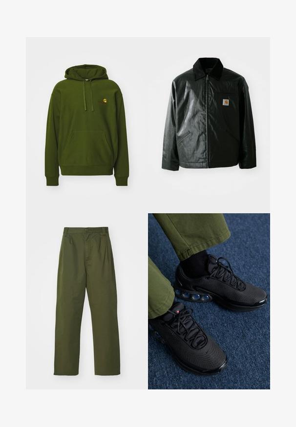 Svart zip-up jakke laget av jevnt, blankt materiale. Har en kordfløyelskrage, to frontlommer og en liten logo-lapp på brystet.; Grønn hettegenser laget av bomullsblanding, med kengurulomme, justerbar snorhette og brodert logo på brystet.; Olivenfargede, høy midje-bukser med rette bein. Laget av et lett stoff, med frontfolder og knappelukking.; Svarte treningssko med mesh-overdel, teksturert overflate og synlige luftputepoder. Parret med olivengrønne bukser og svarte sokker.