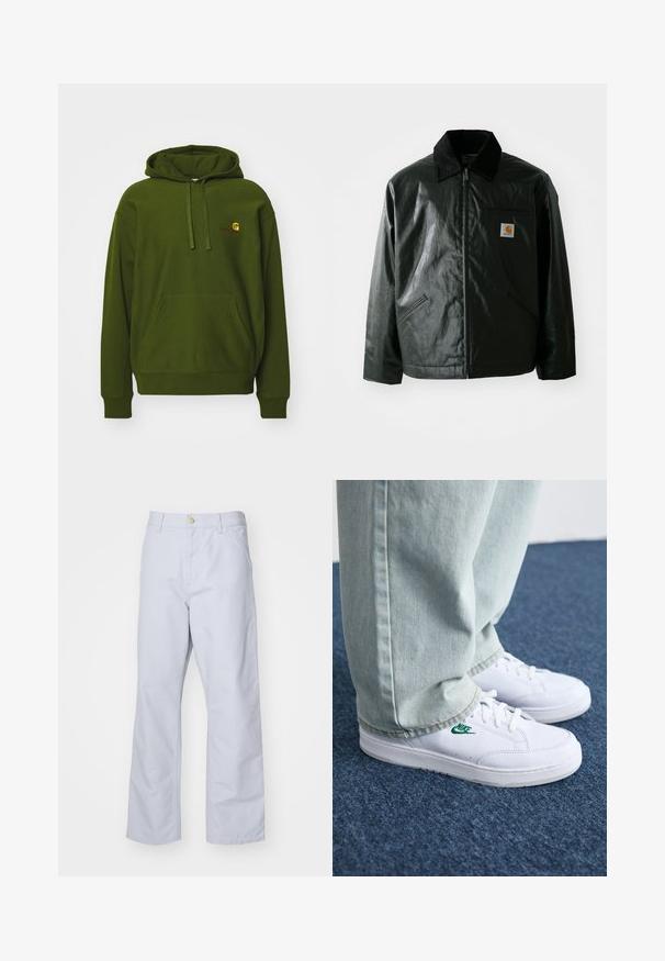 Schwarze Zip-Jacke aus glattem, glänzendem Material. Verfügt über einen Cordkragen, zwei Fronttaschen und ein kleines Logo-Patch auf der Brust.; Grüne Kapuzenjacke aus Baumwollmischung, mit Kängurutasche, verstellbarem Kordelzug und gesticktemLogo auf der Brust.; Helleblaue, gerade geschnittene Hosen aus Baumwolle. Verfügt über eine Fronttasche, einen Reißverschluss und einen einzelnen Metallknopf am Bund.; Weiße Leder-Sneaker mit grünem Nike-Logo, runde Zehenpartie, flache Sohle, kombiniert mit hellblauen Jeans, präsentiert auf einem blauen Teppich.