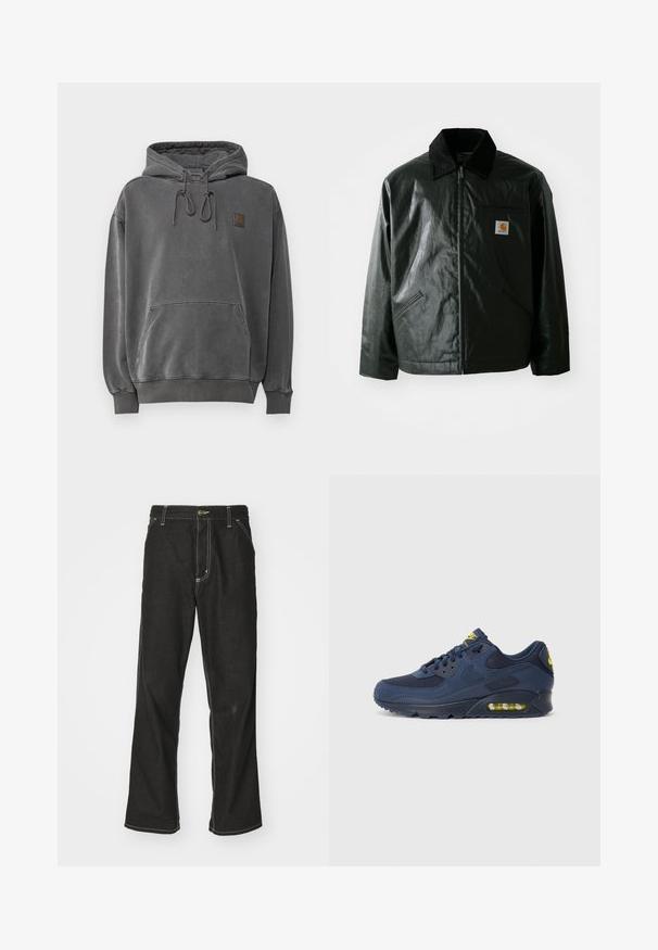 Svart zip-up jakke laget av jevnt, blankt materiale. Har en kordfløyelskrage, to frontlommer og en liten logo-lapp på brystet.; Grå hettegenser med frontlomme, justerbare snorer og et lite logo-merke. Myk tekstur og avslappet passform, med ribbestrikkede mansjetter og nederkant.; Svarte denimbukser med løs passform, med kontrastfylt hvit søm, knappelukking og rett ben-design.; Marineblå Nike Air Max sneakers med overdel i ruskind og mesh, med gule detaljer, snørebånd fortil og synlig luftdæmpning i sålen.