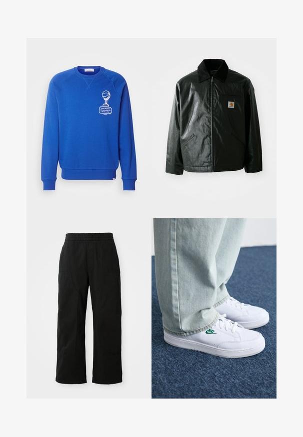 Svart zip-up jacka gjord av slätt, glänsande material. Har en manchesterkrage, två framfickor och en liten logotyp på bröstet.; Blå tröja med rund halsringning, ribbad muddar och nederkant, med vit grafisk tryck av en trofé och text på vänster sida. Mjuk material.; Svarta bomullsbukser med elastisk midjeband, bred ben-design och stora sidofickor. Tyget verkar mjukt med en slät textur.; Vita lädersneakers med grön Nike-logga, rund tå, platt sula, kombinerade med ljusblå denimbyxor, visade på en blå matta.