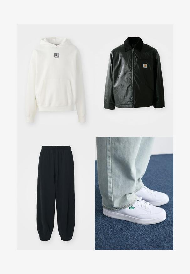 Črna jakna na zadrgo, izdelana iz gladkega, sijočega materiala. Ima žametni ovratnik, dva sprednja žepa in majhno oznako logotipa na prsih.; Bela kapuca sivi pulover, narejen iz mehkega blaga. Ima osrednji sprednji žep in sivo logotipno nalepko na prsih. Ohlapen kroj z rebrastimi manšetami.; Črne, elastične hlače za prosti čas z ohlapnim krojem, manšetami na gležnjih, gladko teksturo in brez vidnih vzorcev ali dodatkov.; Bela usnjena športna obutev z zelenim Nike logotipom, okrogla konica, ravna podplat, v kombinaciji z svetlo modrimi kavbojkami, prikazana na modrem preprogu.