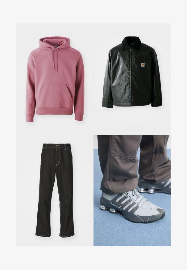 Must mustaga, läikiva materjaliga musta värvi jakk. Omab kordonilõikega kraed, kahte esikäe taskut ja väikest logo sildi rinnal.; Roosa kapuutsiga sviitriga, millel on ees kangaroo tasku, soonikkoes varrukad ja äär. Omab kumminööri kapuutsi ja sileda kangast tekstuuri.; Mustadest denimist püksid, lahtise lõikega, kontrastsete valgete õmblustega, nööbiga kinnitamine ja sirge säär.; Hallid ja hõbe Nike Shox tennisetossud on varustatud elegantse disainiga, neil on võrkkangas ja sünteetilised materjalid, ümar varvas ja pehmendatud kaelus.