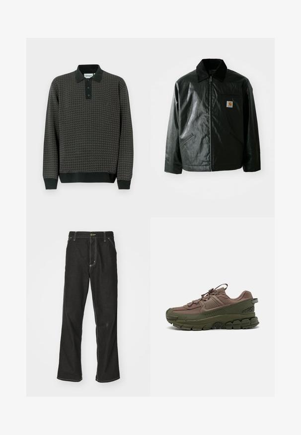 Crna zip-up jakna izrađena od glatkog, sjajnog materijala. Ima okovratnik od kordura, dva prednja džepa i mali logotip na prsima.; Tamno siva uzorak duga rukava polo majica s crnim ovratnikom, plaketom s tri gumba i rebrastim manžetama na rukavima i rubu.; Crne traperice s opuštenim krojem, s kontrastnim bijelim šavovima, zakovicom za zatvaranje i ravnim nogavicama.; Smeđi i zeleni tenisice s teksturiranim materijalom, debelim gumenim potplatom, istaknutim sustavom vezivanja i uzorkovanim detaljima sa strane.