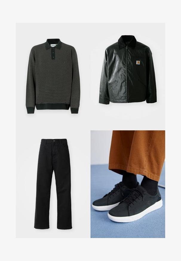 Black zip-up jacket made of smooth, shiny material. Features a corduroy collar, two front pockets, and a small logo patch on the chest.; Dark gray patterned long-sleeve polo shirt with a black collar, three-button placket, and ribbed cuffs at the sleeves and hem.; Black denim pants with a straight cut, featuring front pockets, a zip fly, and a single top button. Textured fabric with a matte finish.; Black suede sneakers with white rubber soles, featuring lace-up design, textured accents, and subtle branding, paired with brown pants.