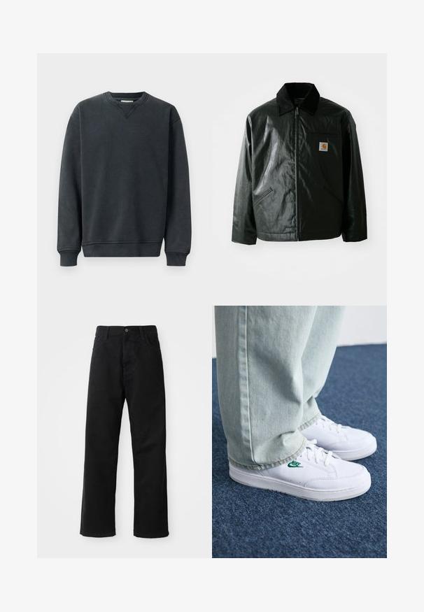 Black zip-up jacket made of smooth, shiny material. Features a corduroy collar, two front pockets, and a small logo patch on the chest.; Dark gray sweatshirt with a crew neckline, long sleeves, ribbed cuffs, and a smooth texture. Features a subtle v-stitch detail at the neckline.; Black denim pants with a straight cut, featuring front pockets, a zip fly, and a single top button. Textured fabric with a matte finish.; White leather sneakers with green Nike logo, round toe, flat sole, paired with light blue denim pants, shown on a blue carpet.