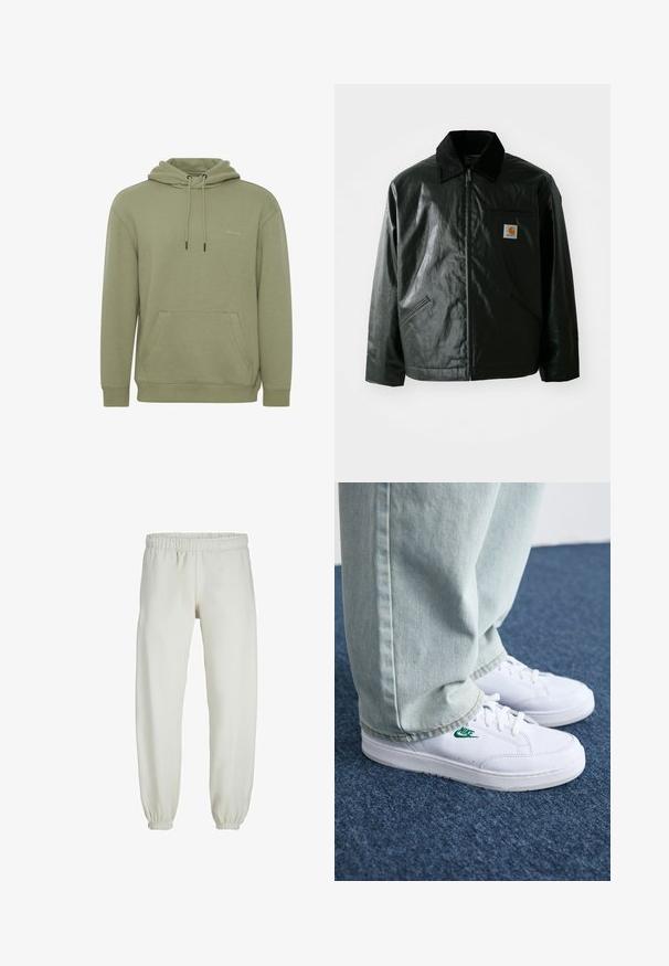 Fekete zipzáros dzseki sima, fényes anyagból. Kordbársony gallérral, két elülső zsebbel és egy kis logós felvarrással a mellkason.; Olívazöld kapucnis pulóver puha anyagból. Elől zseb található, állítható húzózsinórok és diszkrét logó a mellkason.; Fehér melegítőnadrág, puha anyagból készült, rugalmas derékrésszel és mandzsettával, sima tapintású és laza szabású.; Fehér bőr sportcipők zöld Nike logóval, kerek orral, lapos talppal, világoskék farmernadrággal párosítva, kék szőnyegen bemutatva.