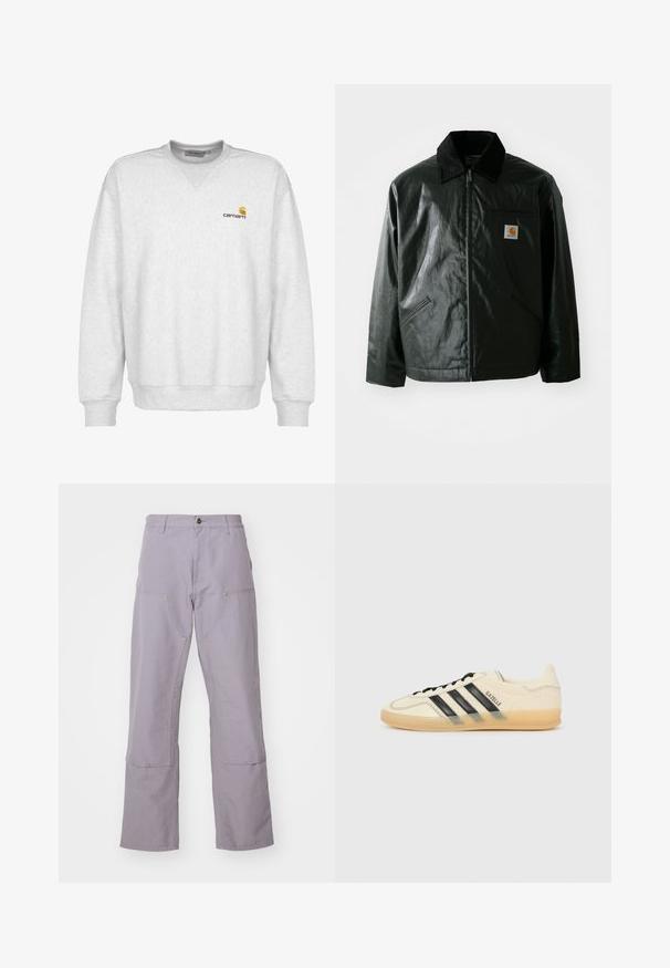 Fekete zipzáros dzseki sima, fényes anyagból. Kordbársony gallérral, két elülső zsebbel és egy kis logós felvarrással a mellkason.; Szürke polár pulóver kerek nyakkal, bordás mandzsettával és alsó résszel, a bal mellkas területén egy kis barna Carhartt logóval.; Világoslila nadrág, egyenes szárú dizájnnal, két elülső zsebbel és díszvarrással. Tartós pamut anyagból készült.; Világoskrém színű sneaker fekete háromsávos dizájnnal, textúrált felsőrésszel, kerek orral és gumitalppal. Felszereltsége közé tartozik a fűzés és a logó az oldalán.