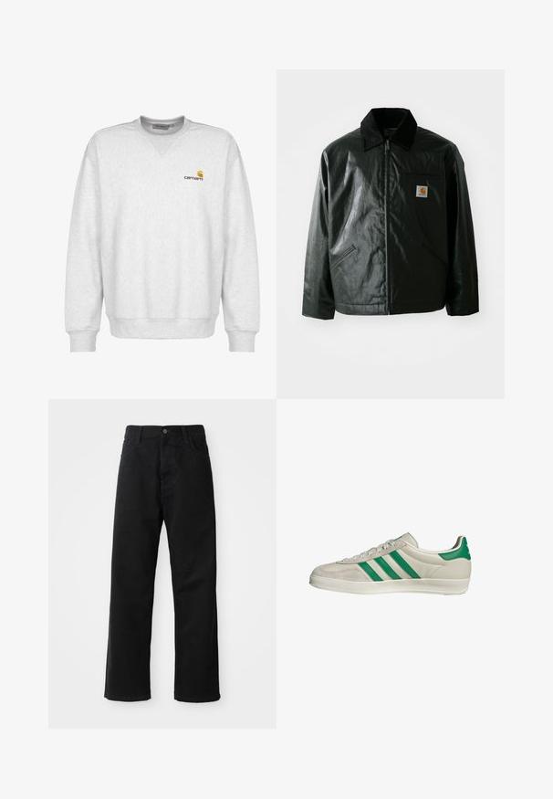 Veste noire zippée en matériau lisse et brillant. Elle dispose d'un col en velours côtelé, de deux poches avant et d'un petit écusson logo sur la poitrine.; Sweatshirt en polaire gris avec un col ras du cou, des poignets et un bas côtelés, arborant un petit logo Carhartt marron sur la partie gauche de la poitrine.; Pantalons en denim noir à coupe droite, avec poches avant, fermeture éclair et un seul bouton supérieur. Tissu texturé avec une finition mate.; Baskets beiges avec des rayures vertes, dotées d'une semelle blanche et d'un dessus en cuir lisse. Vue de côté mettant en valeur les détails des lacets et le logo.