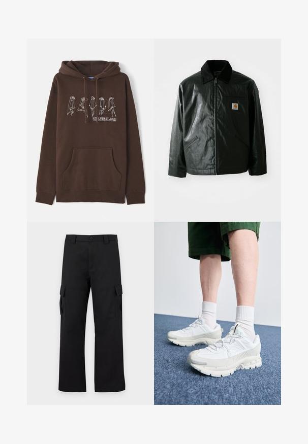 Schwarze Zip-Jacke aus glattem, glänzendem Material. Verfügt über einen Cordkragen, zwei Fronttaschen und ein kleines Logo-Patch auf der Brust.; Brauner Hoodie mit einer Kordelzugkapuze, Fronttasche und einem weißen Linienkunstdesign, das Figuren zeigt. Mit dem Logo "KID SUPER STUDIOS".; Schwarze Cargo-Hosen mit geradem Bein Design. Hergestellt aus strapazierfähigem Stoff, mit zwei Seitentaschen mit Klappen und einem Knopfverschluss.; Weiße Sportschuhe mit strukturierten Überzügen, einer dicken Sohle und grauen Akzenten. Tragen mit weißen Crew-Socken und grünen Shorts auf einer blauen Oberfläche.