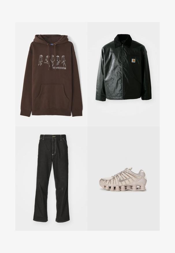 Veste noire zippée en matériau lisse et brillant. Elle dispose d'un col en velours côtelé, de deux poches avant et d'un petit écusson logo sur la poitrine.; Haut à capuche marron avec cordon de serrage, poche avant et design en art linéaire blanc représentant des figures. Présente le logo "KID SUPER STUDIOS".; Jean en denim noir avec une coupe ample, comportant des coutures blanches contrastantes, une fermeture à bouton et un design à jambes droites.; Chaussure de sport beige clair avec une tige en mesh, un design structuré et une semelle amortissante distinctive comportant des sections cylindriques.