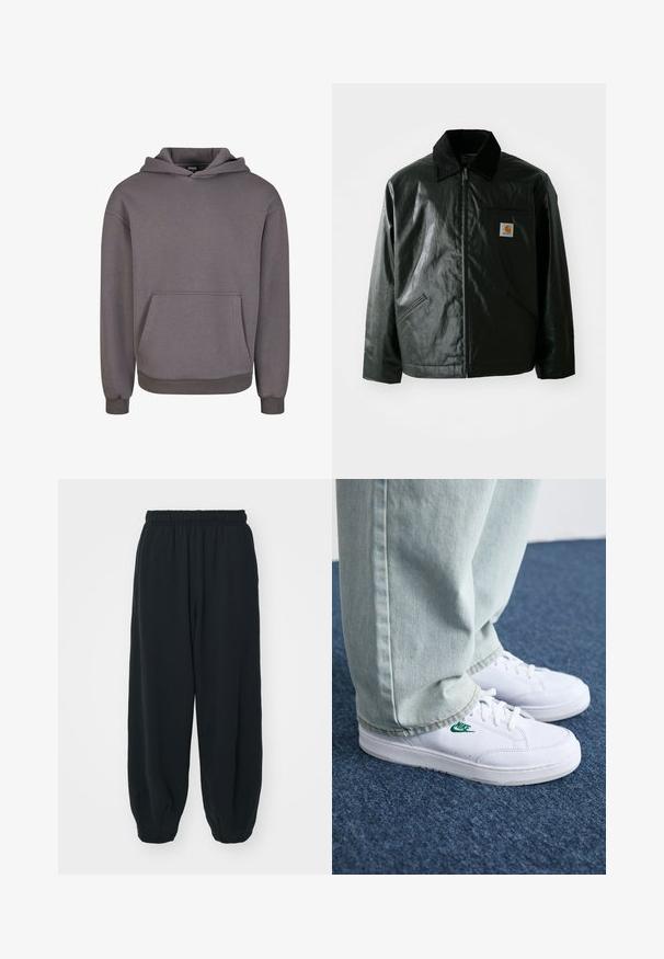 Jachetă neagră cu fermoar, confecționată dintr-un material neted și lucios. Prezintă un guler din catifea, două buzunare frontale și un mic logo brodat pe piept.; Hanorac gri din bumbac, cu buzunar frontal, glugă și manșete ribbate. Textură netedă și croială lejeră. Design minimalist, fără ornamente.; Pantaloni de trening negri, cu talie elastică, cu o croială lejeră, la baza pantaloni fiind strânși, având o textură netedă și fără modele sau accente metalice vizibile.; Adidași din piele albă cu logo-ul Nike verde, vârf rotund, talpă plată, asortați cu pantaloni din denim bleu deschis, prezentați pe un covor albastru.