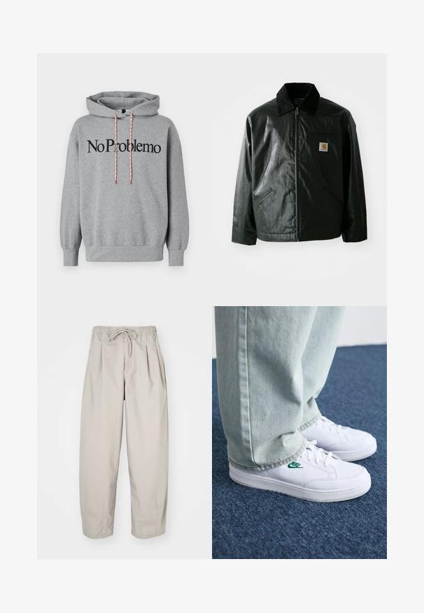 Casaco preto com fecho éclair, feito de material liso e brilhante. Apresenta um colarinho de veludo, dois bolsos frontais e um pequeno emblema no peito.; Hoodie cinza com um bolso tipo canguru, capuz com cordão em vermelho e branco, apresentando a frase "No Problemo" impressa em letras pretas em negrito na parte da frente.; Calças leves, bege, com cintura elástica e cordão. Apresenta pregas e um corte largo, confeccionadas em tecido suave e liso.; Tênis de couro brancos com logo verde da Nike, bico redondo, sola plana, combinados com calças de denim azul claro, exibidos sobre um tapete azul.