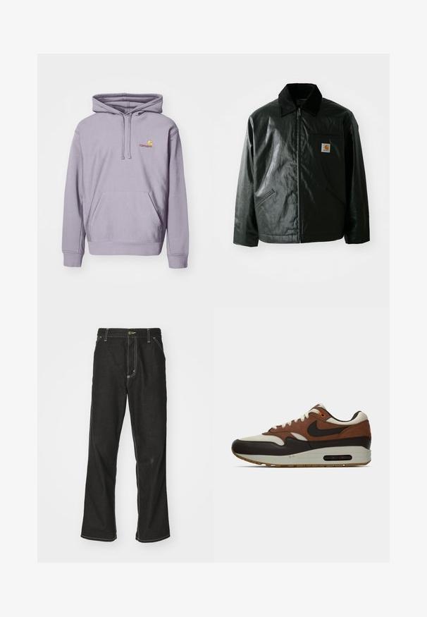 Černá zipová bunda vyrobená z hladkého, lesklého materiálu. Má jemný manžetový límec, dvě přední kapsy a malou značkovou nášivku na hrudi.; Fialová mikina vyrobená z bavlněné směsi, se střední klokaní kapsou, kapucí na šňůrku a vyšívaným logem na hrudi.; Černé denimové džíny s volným střihem, s kontrastním bílým prošíváním, zapínáním na knoflík a rovnými nohavicemi.; Hnědé, krémové a černé Nike Air Max tenisky s viditelnou vzduchovou bublinou a šněrovacím designem, zobrazené v bočním profilu na bílém pozadí.