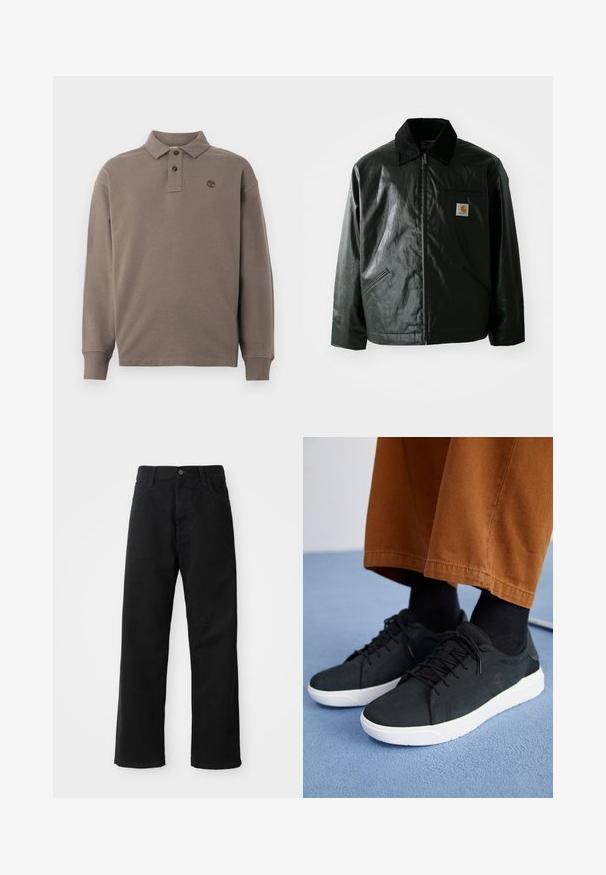 Must mustaga, läikiva materjaliga musta värvi jakk. Omab kordonilõikega kraed, kahte esikäe taskut ja väikest logo sildi rinnal.; Pika-särgid pikas varrukas tume-beežist puuvillast, millel on kahe nupuga kaelus, ribatrepitud mansetid ja väike tikitud logo rinnal.; Mustadest denimist püksid sirge lõikega, mis sisaldavad ees taskuid, lukufliisi ja ühte ülemist nööpi. Tekstureeritud kangas mati viimistlusega.; Mustad suede spordijalatsid valge kummitaldaga, millel on paeltega kinnitamine, tekstuuriga aktsendid ja tagasihoidlik bränding, koos pruuni pükstega.