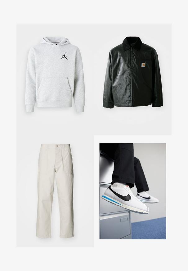 Crna zip-up jakna izrađena od glatkog, sjajnog materijala. Ima okovratnik od kordura, dva prednja džepa i mali logotip na prsima.; Svijetlosiva hudica od mekanog materijala, s prednjim kengur džepom i crnim Jordan logom na prsima. Standardni kroj s kapuljačom.; Svijetlosmeđe široke hlače od pamuka. Imaju prednje džepove i kopčanje na dugme. Glatka tekstura s suptilnim vertikalnim linijama.; Bijele kožne tenisice s crnim Nike logotipom, svijetloplavi i sivi gumeni potplat te klasičan dizajn vezanja. Noge su naslonjene na ormar.