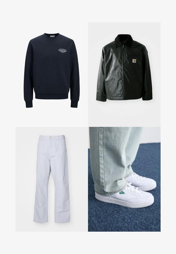 Chaqueta negra con cremallera hecha de un material liso y brillante. Presenta un cuello de pana, dos bolsillos frontales y un pequeño parche con el logo en el pecho.; Sudadera azul marino en mezcla de algodón, diseño de cuello redondo. Presenta puños y dobladillo acanalados, con un texto de logo blanco en el lado izquierdo del pecho.; Pantalones rectos de color azul claro, confeccionados en algodón. Presentan un bolsillo frontal, una cremallera y un único botón de metal en la cintura.; Zapatillas de cuero blanco con logo de Nike verde, puntera redonda, suela plana, combinadas con pantalones de mezclilla azul claro, sobre una alfombra azul.