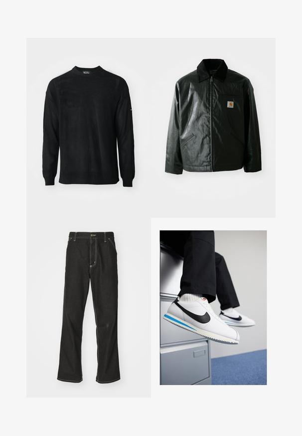 Schwarze Zip-Jacke aus glattem, glänzendem Material. Verfügt über einen Cordkragen, zwei Fronttaschen und ein kleines Logo-Patch auf der Brust.; Schwarzer Strickpullover mit rundem Ausschnitt, langen Ärmeln und gerippten Bündchen. Verfügt über ein strukturiertes Muster und eine lässige Passform.; Schwarze Denim-Jeans mit lockerer Passform, kontrastierenden weißen Nähten, einem Knopfverschluss und geradem Bein.; Weisse Ledersneaker mit schwarzem Nike-Swoosh, hellblauem und grauem Gummisohle sowie klassischem Schnürdesign. Füße ruhen auf einem Aktenschrank.