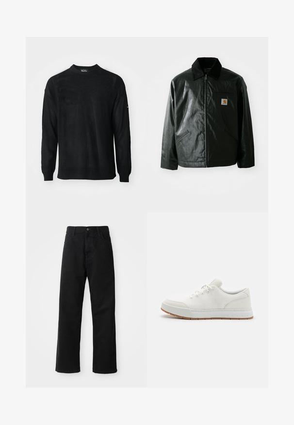 Veste noire zippée en matériau lisse et brillant. Elle dispose d'un col en velours côtelé, de deux poches avant et d'un petit écusson logo sur la poitrine.; Pull en maille noire avec encolure ronde, manches longues et poignets côtelés. Présente un motif texturé et une coupe décontractée.; Pantalons en denim noir à coupe droite, avec poches avant, fermeture éclair et un seul bouton supérieur. Tissu texturé avec une finition mate.; Baskets de sport blanches avec tige en mesh, bout rond et semelle en caoutchouc avec un motif texturé. Possède des lacets plats et un logo discret sur le talon.