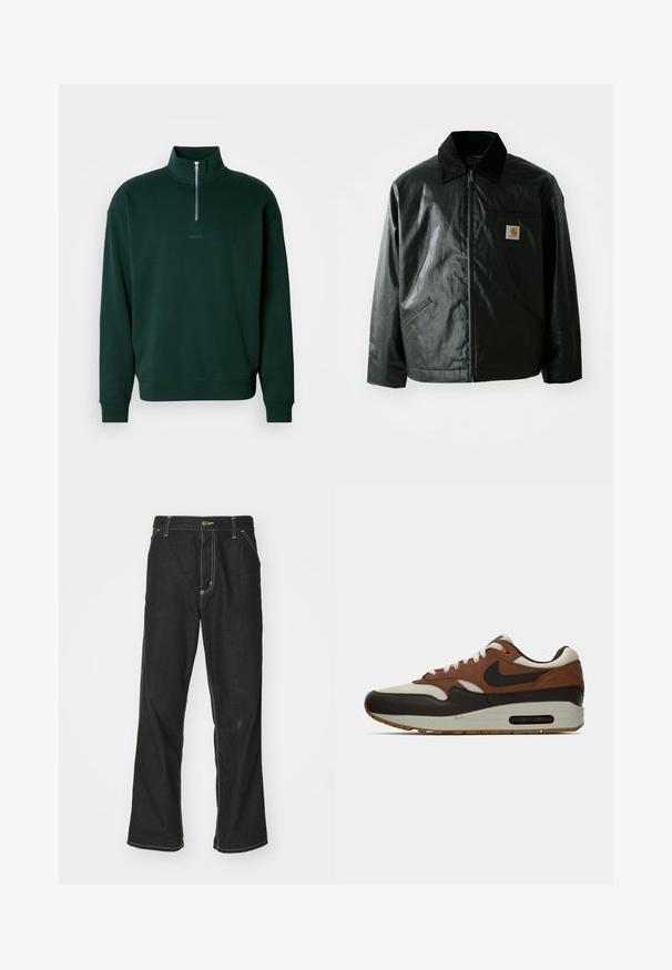 Zwarte ritssluiting jas van glad, glanzend materiaal. Heeft een corduroy kraag, twee voorzakken en een klein logo label op de borst.; Donkergroen pullover sweatshirt met een hoge kraag, halve ritssluiting en geribde mouwen. Voorzien van een subtiele "HUGO" logo op de borst.; Zwarte denim jeans met een losse pasvorm, voorzien van contrasterende witte stiksels, een knoopsluiting en een recht ontwerp.; Bruine, crème en zwarte Nike Air Max sneaker met zichtbare luchtkussen zool en vetersluiting, weergegeven in zijprofiel op een witte achtergrond.