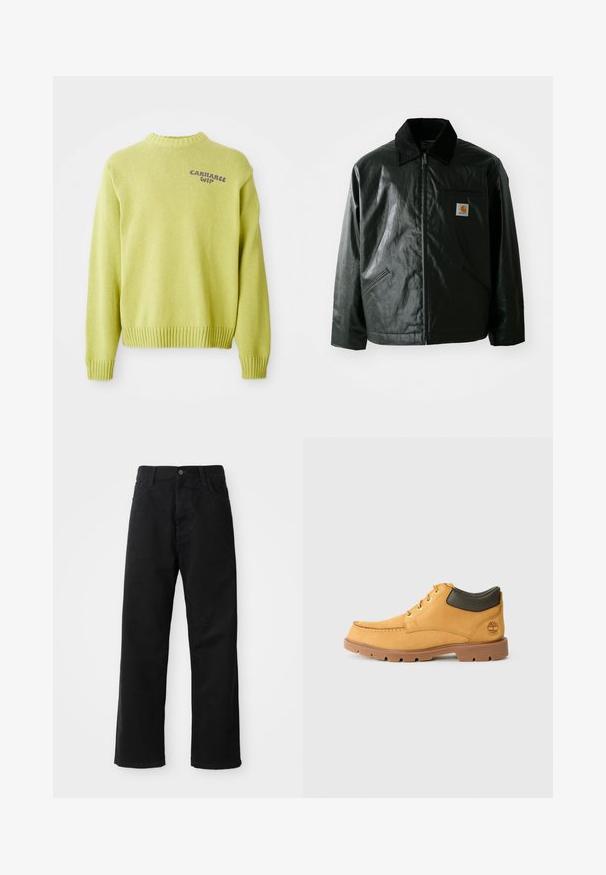 Chaqueta negra con cremallera hecha de un material liso y brillante. Presenta un cuello de pana, dos bolsillos frontales y un pequeño parche con el logo en el pecho.; Suéter de punto verde claro con un cuello y puños acanalados. Presenta un logo morado de "Carhartt WIP" en la parte posterior, con un corte relajado.; Pantalones de mezclilla negros con corte recto, con bolsillos frontales, cremallera y un solo botón en la parte superior. Tejido texturizado con un acabado mate.; Zapato de cuero amarillo con suela de goma marrón, punta redonda y detalle en cuero verde en el tobillo. Presenta ojales dorados y acentos de costura.