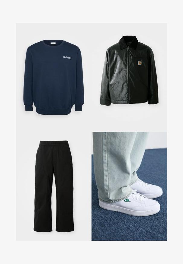 Black zip-up jacket made of smooth, shiny material. Features a corduroy collar, two front pockets, and a small logo patch on the chest.; Navy blue sweatshirt with long sleeves, round neck, and ribbed cuffs. Features "Club1990" logo in white embroidery on the chest.; Black cotton pants with an elastic waistband, wide leg design, and large side pockets. Fabric appears soft with a smooth texture.; White leather sneakers with green Nike logo, round toe, flat sole, paired with light blue denim pants, shown on a blue carpet.